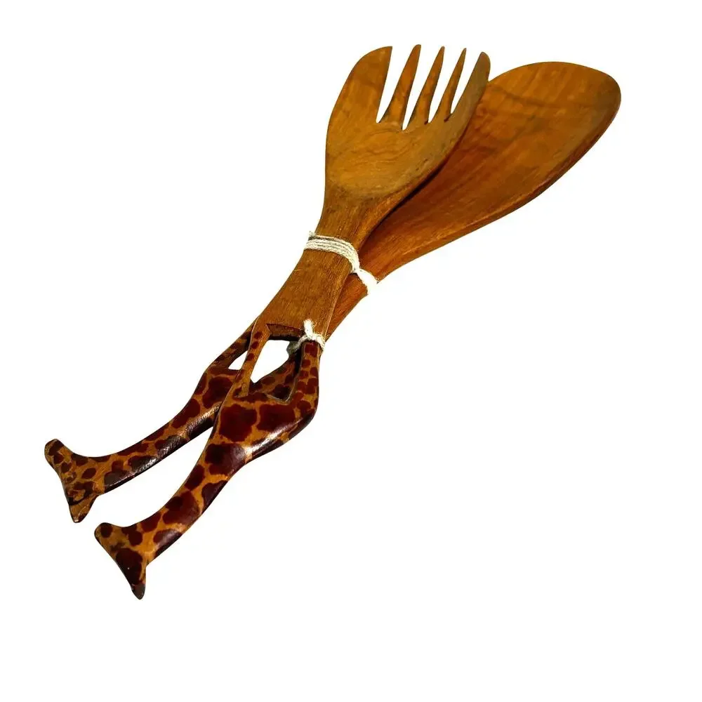 Vintage Hand Carved wooden serving fork & spoon set African zebra motif NWOT?